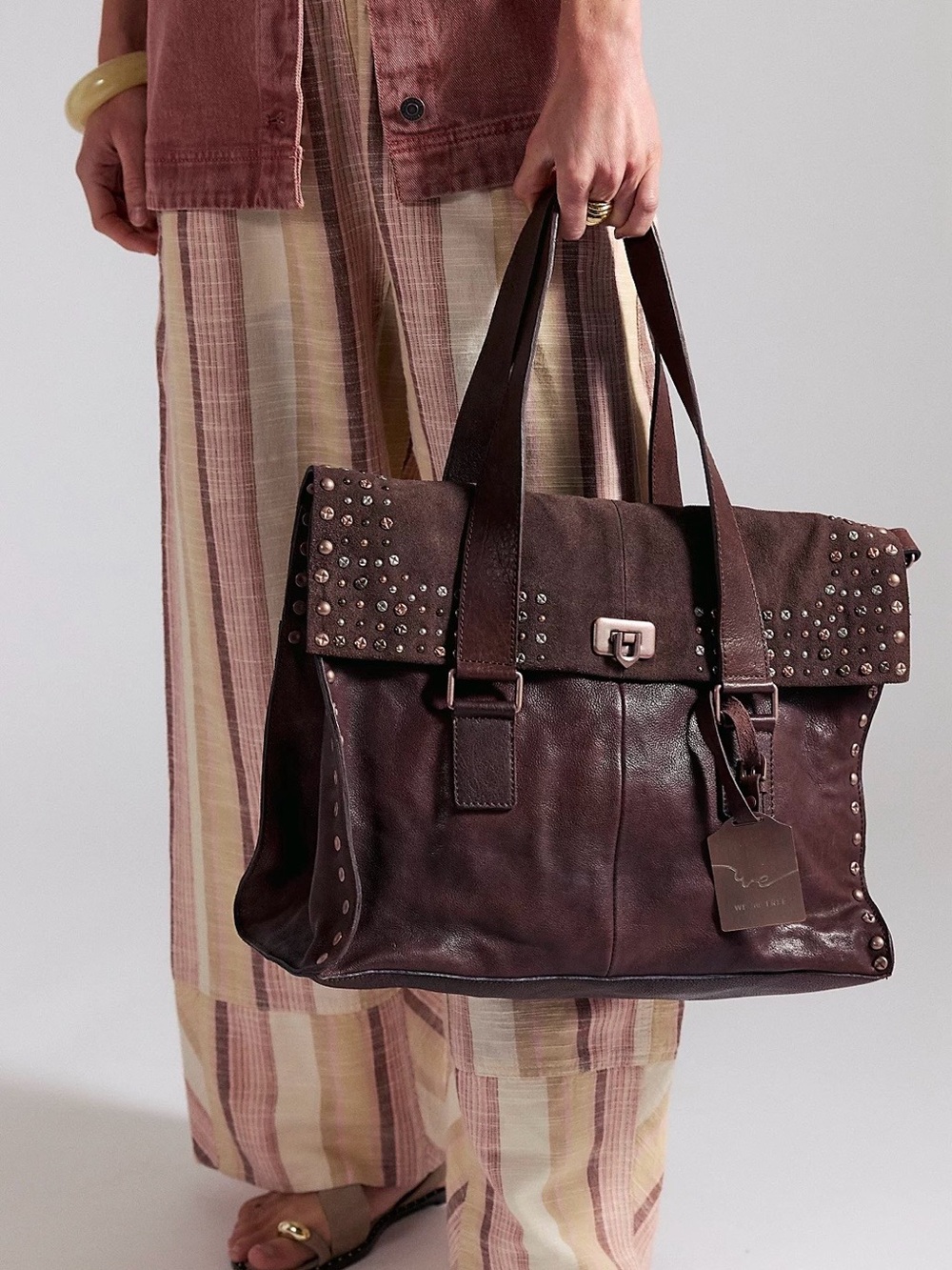 Free People Shay Studded Leather Tote, NWT